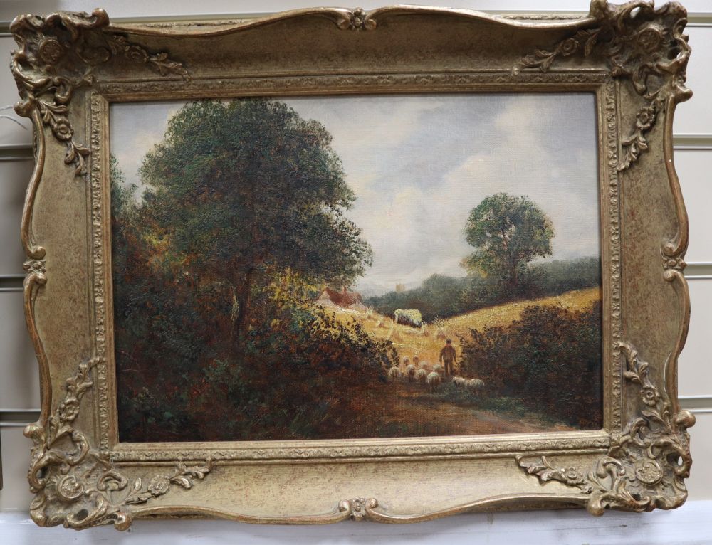 English School (19th century), oil on canvas, Harvest landscape with shepherd and sheep in the foreground, 23.5cm x 33.5cm